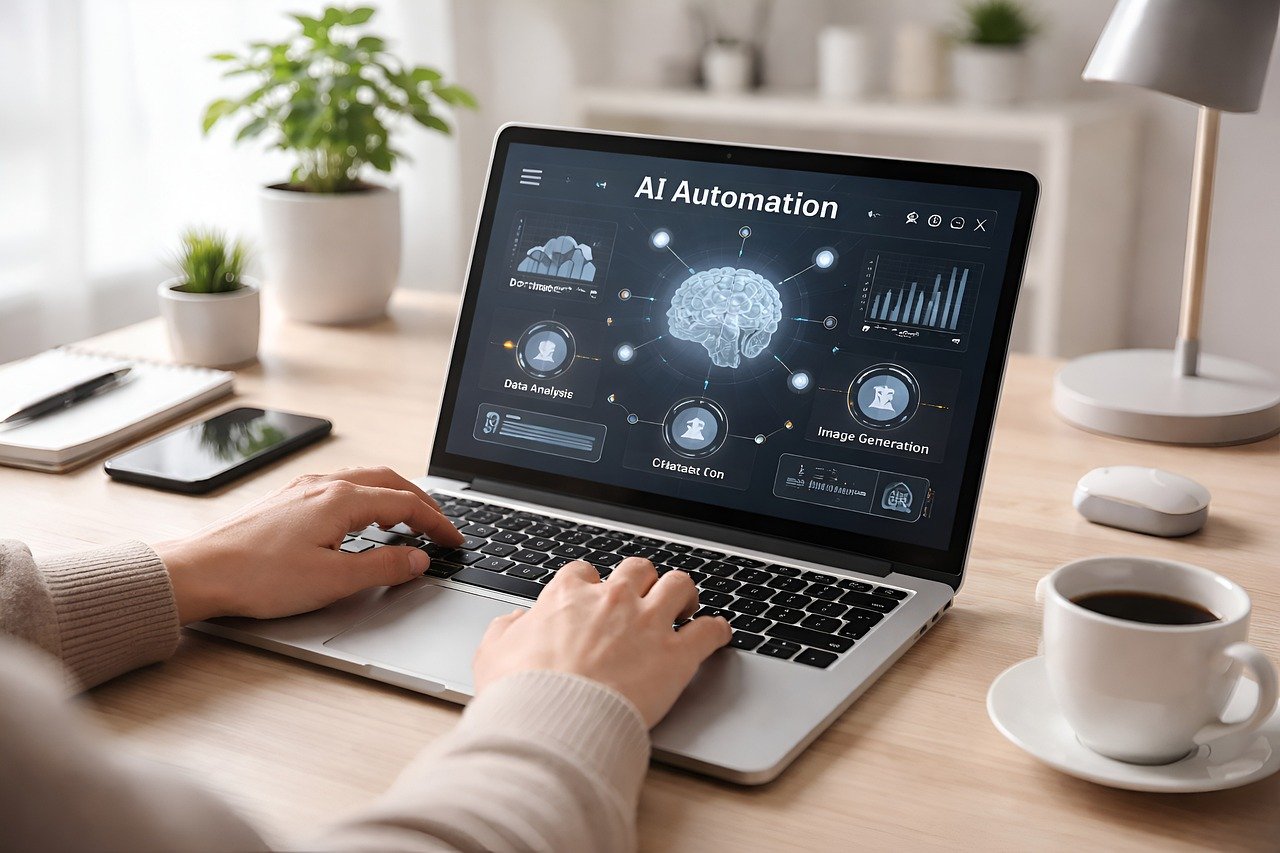 artificial intelligence, automation, machine learning, laptop, workspace, modern design, remote work, desk, productivity, digital workflow, neutral tones, natural lighting, professional, home office, coffee cup, plant, creative workspace, teamwork, nature, office plant